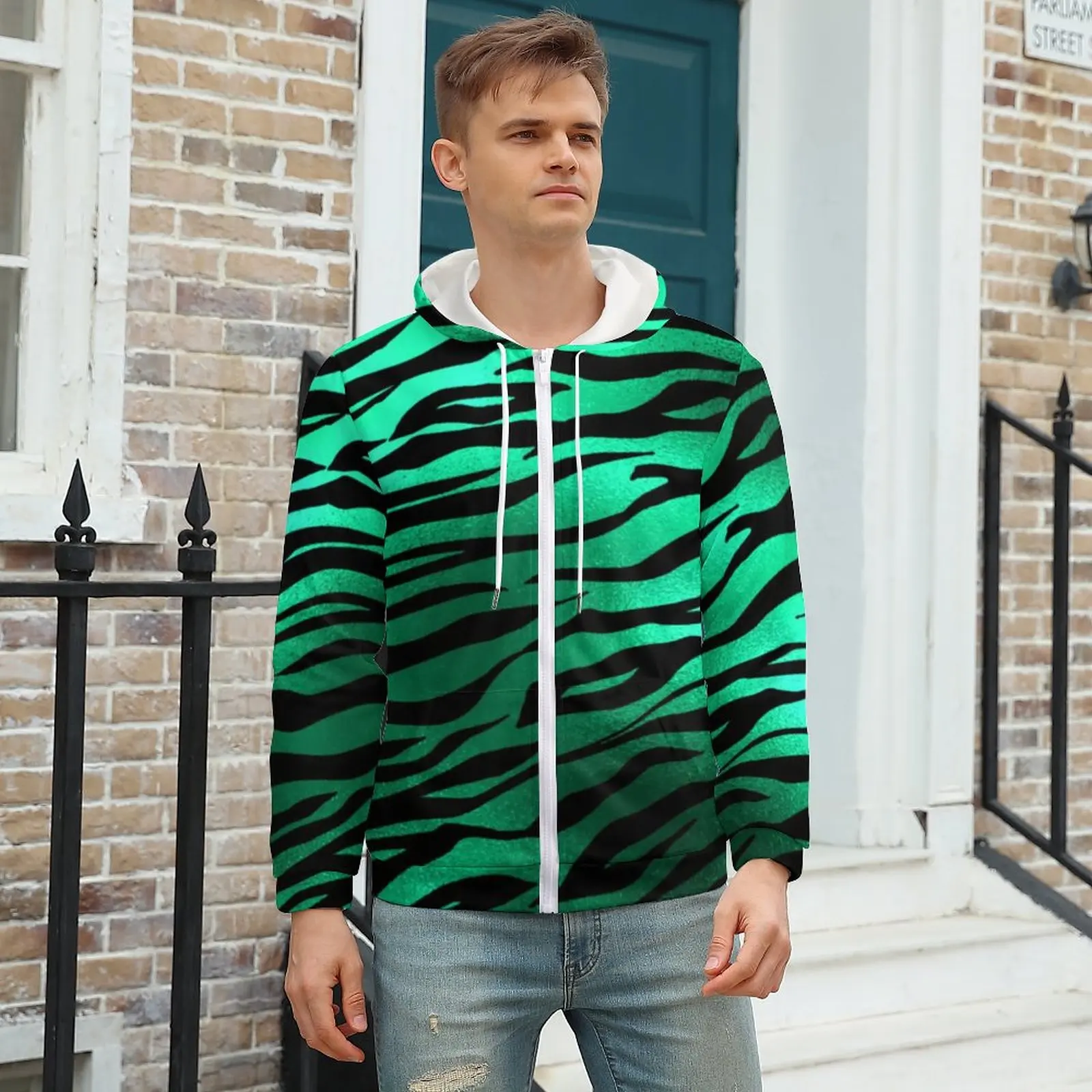 

Green Tiger Print Hoodies Polyester Wild Animals Retro Custom Zip Hoodie Winter Long Sleeve Casual Oversize Hooded Sweatshirts