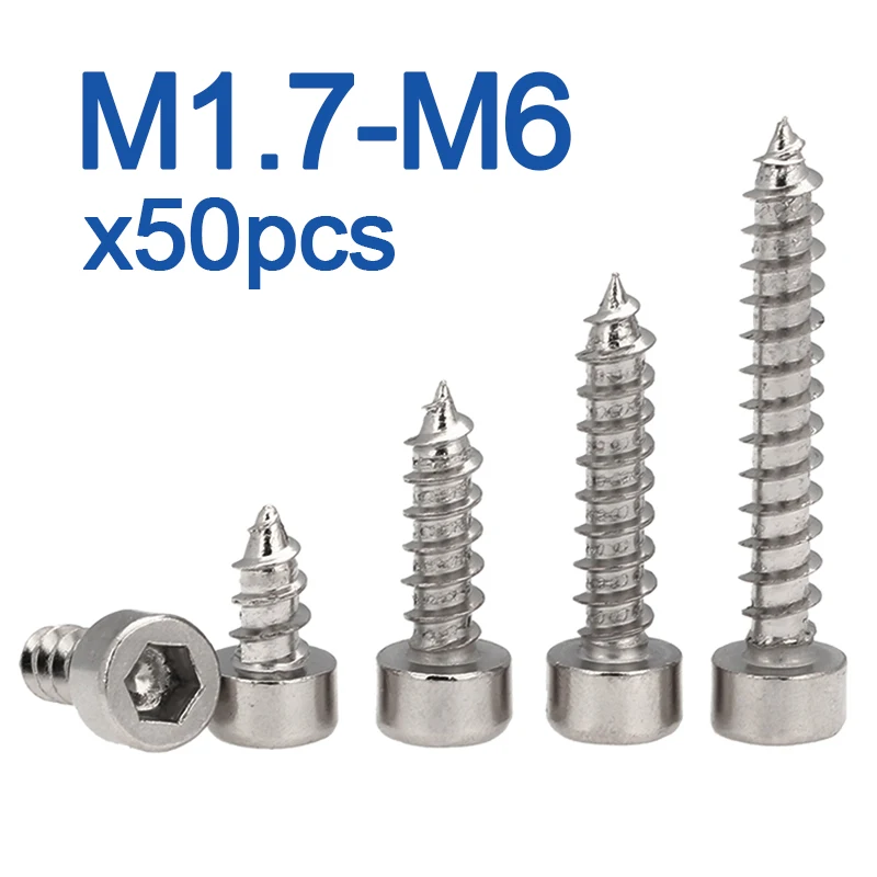 50pcs M1.7 M2 M2.3 M2.6 M3 M3.5 M4 M5 M6 Nickel-Plated Carbon Steel Allen Key Hex Hexagon Socket Cap Head Self Tapping Screw
