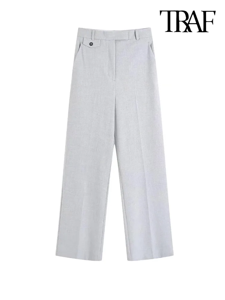

TRAF Women Fashion Side Pockets Straight Pants Vintage High Waist Zipper Fly Female Trousers Mujer