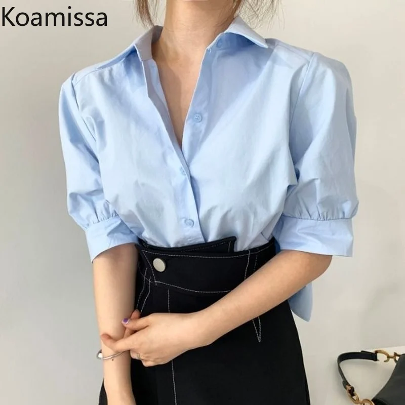 

Женская однотонная короткая блузка Koamissa, однобортная Свободная рубашка с коротким рукавом, офисные женские блузы, корейские шикарные укороченные топы
