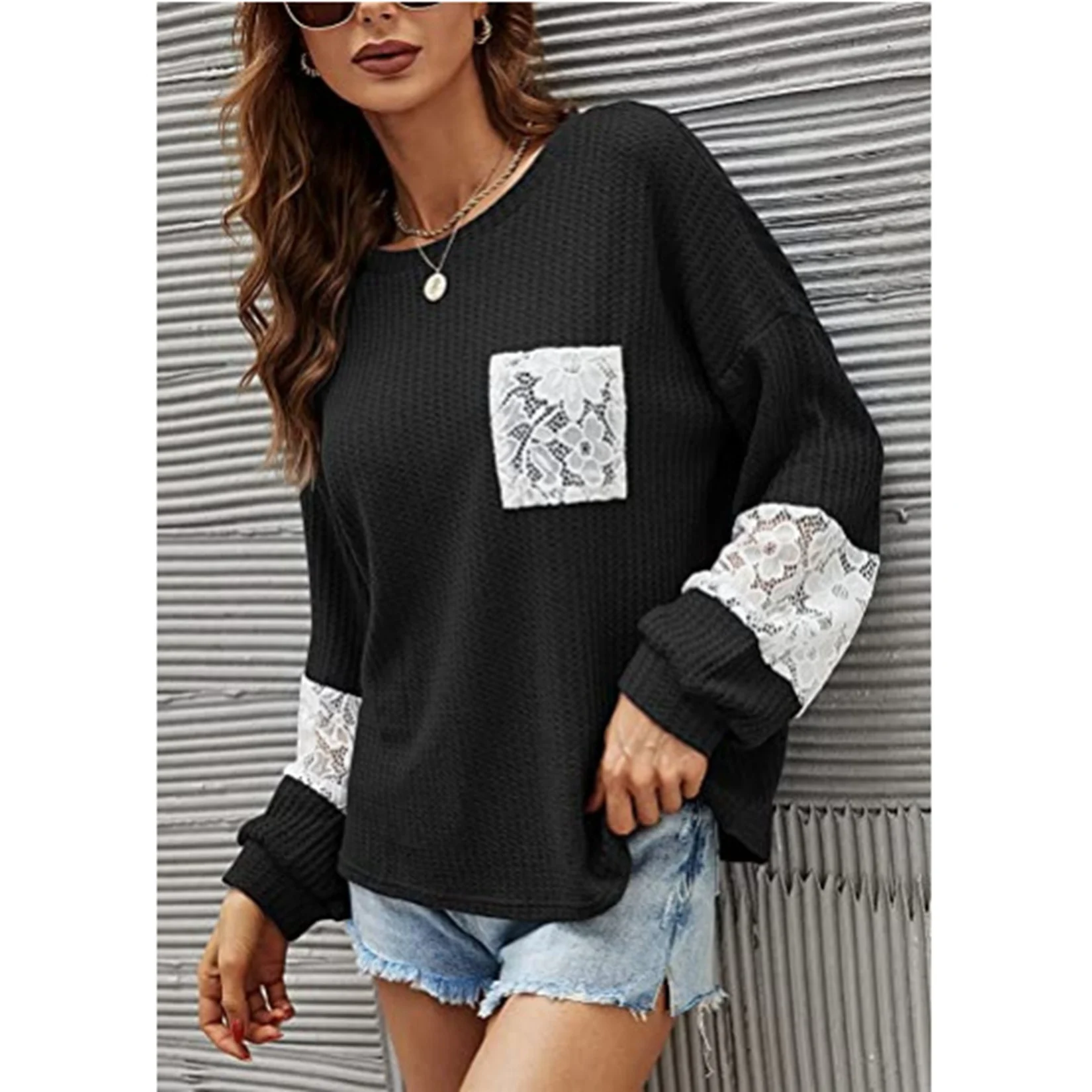 

Women Long Sleeve T-shirts Crew Neck Lace Patchwork Knitted Top Casual Loose Fit Blouse Women's Loose Pullover