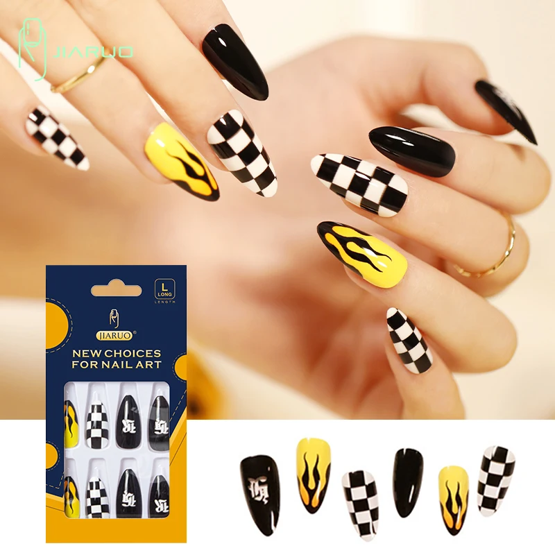 

JIARUO 24 шт./коркор. длинные капли воды пресс на ногти Y2k Хэллоуин черная белая доска желтые ногти модный холодный Пламя Дизайн ногтей