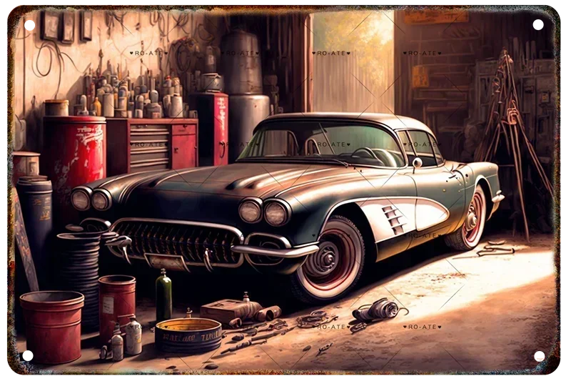 

Винтажный гараж, классический автомобиль, жестяная вывеска, ремонтный магазин, клубная настенная табличка, плакат, знаки, ремесла, художественная жесть, живопись, принт, декоративная тарелка