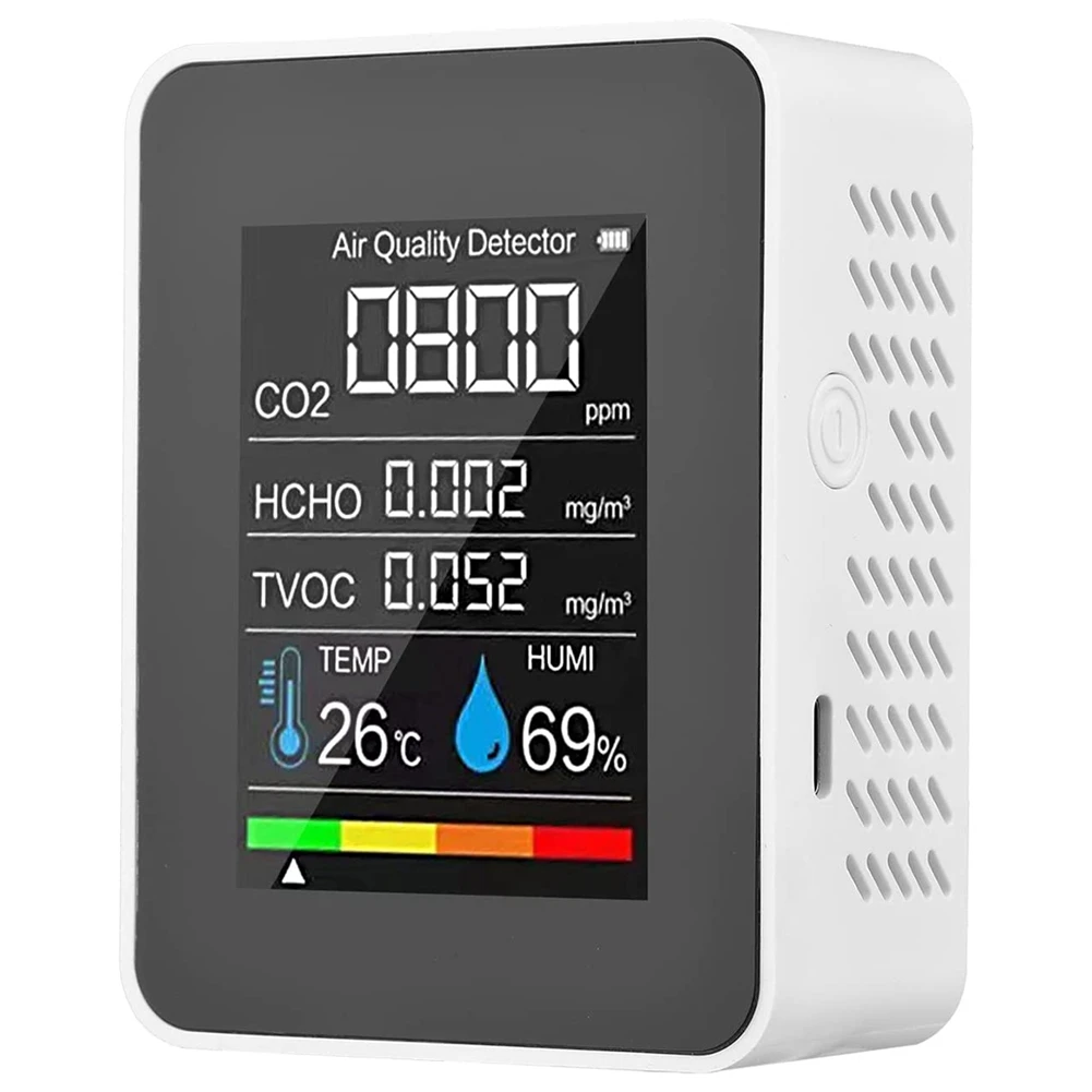 

5 в 1 монитор качества воздуха TVOC HCHO датчик температуры и влажности CO2, USB Перезаряжаемый детектор CO2, белый