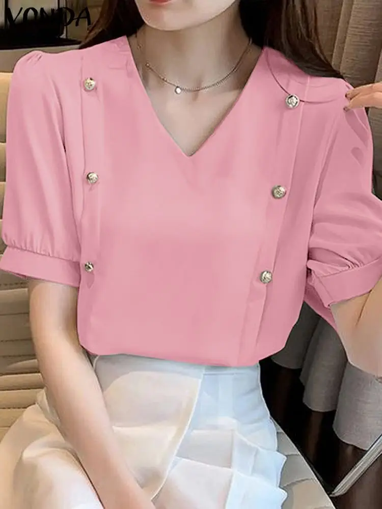 

VONDA Elegant Shirts Women Blouses 2023 Summer Short Sleeve Tops Casual Buttons V-neck Loose Solid Color Party Fashion Tunic