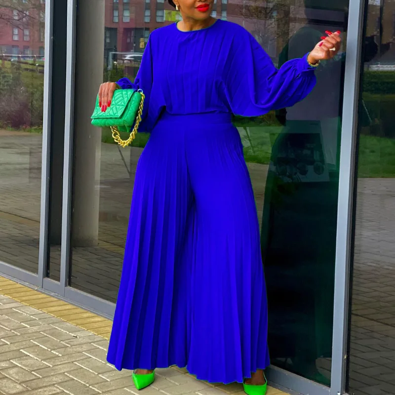 

Summer Fashion Style African Women Long Sleeve O-neck Polyester White Green Yellow Blue 2PCS Sets Top Long Pant Matching Sets
