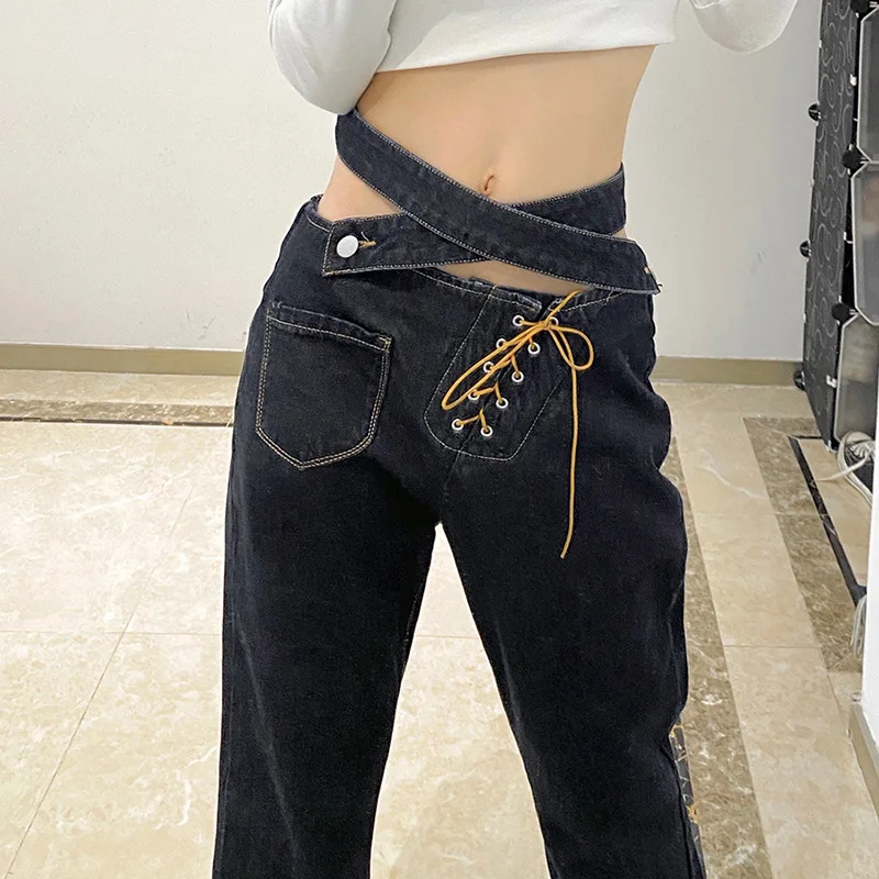 2022 Autumn and Winter New Women's Street Fashion Cross Button Lace-up Hollow Waist Wide Loose Long Wide-leg Casual Jeans