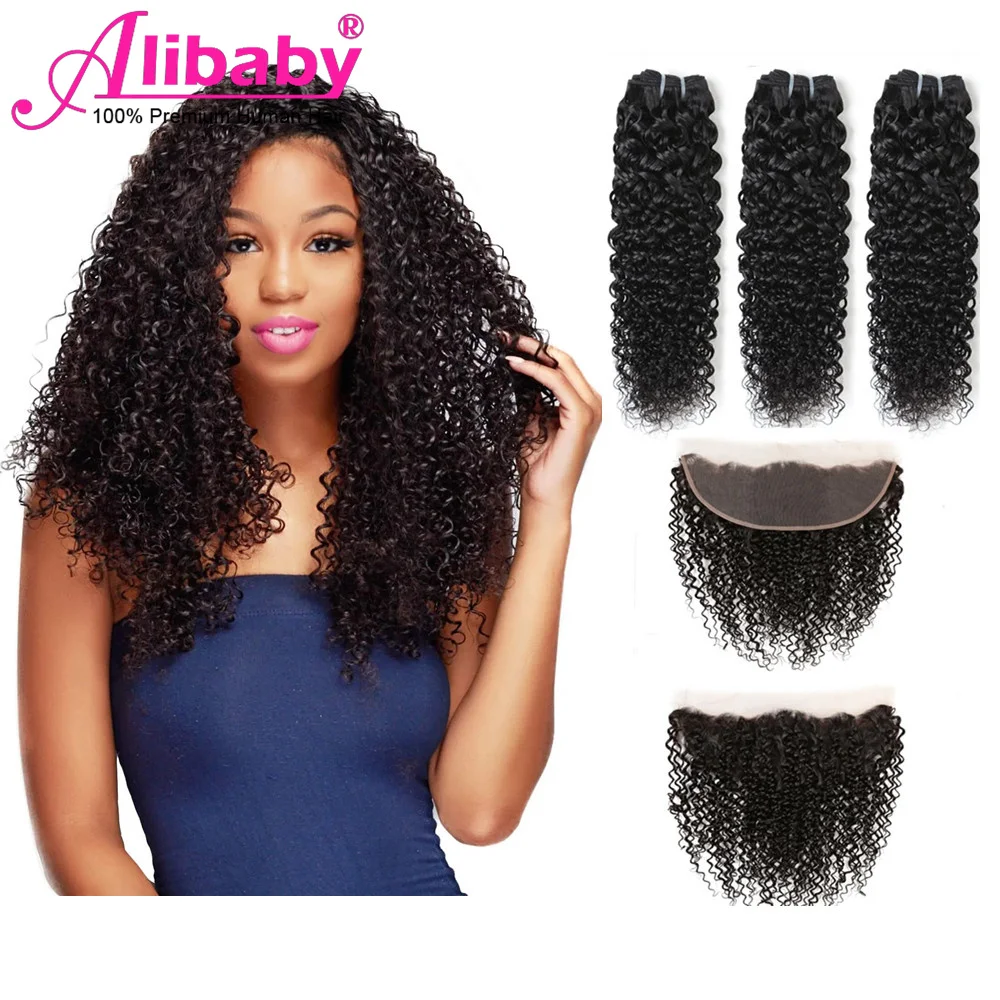 Kinky Curly Bundles With Frontal Jerry Curly Brazilian Human Hair Weave Curly Bundles With Closure Remy Human Hair Nature Color