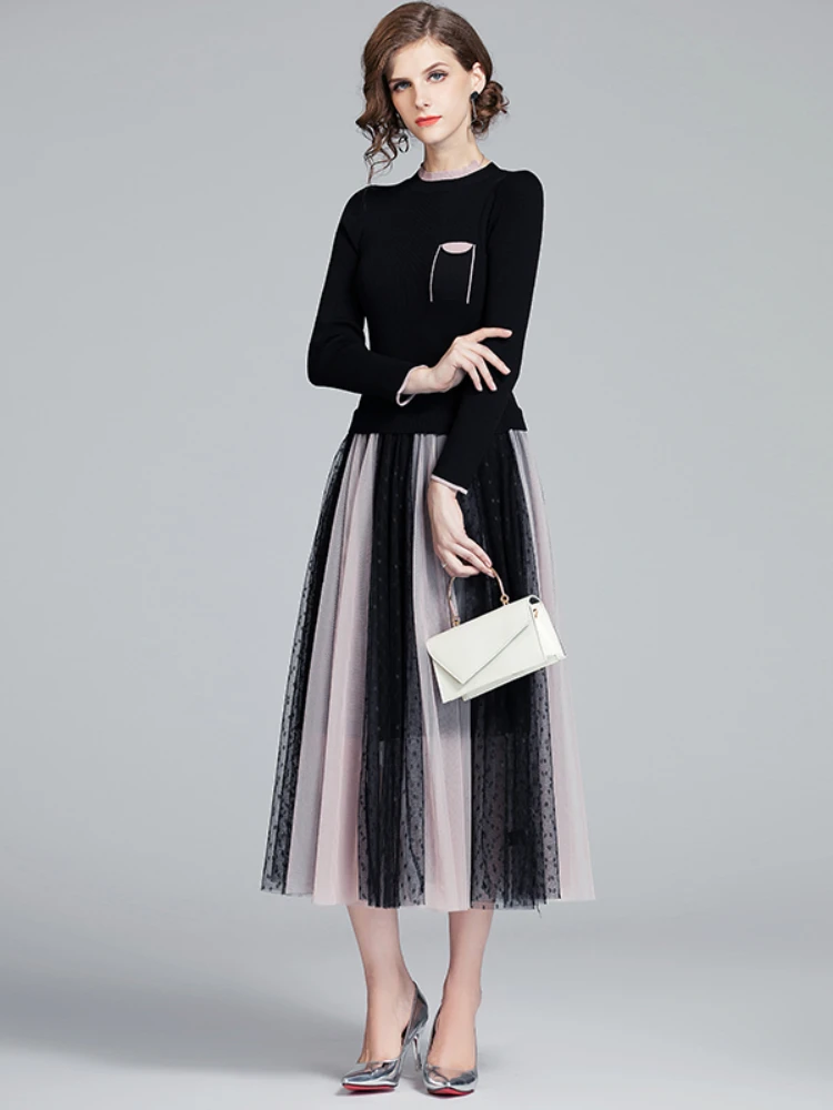 

Dresses for Women Knitting Cotton Mesh Dress Women Pleated Fashion Lace Dress Patchwork Elegant Dresses Women OL Female Clothing