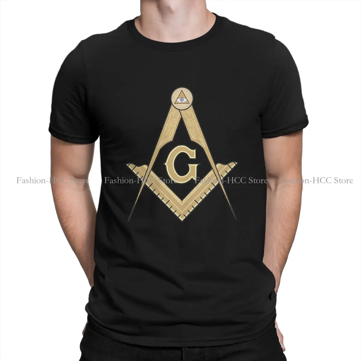 

Cute Hip Hop Polyester TShirt Freemason Gold Square Compass Creative Tops Leisure T Shirt Male Short Sleeve