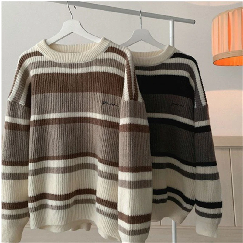 

Knit Sweater Men O-neck Tops Spring Autumn Striped Print Sweaters Male