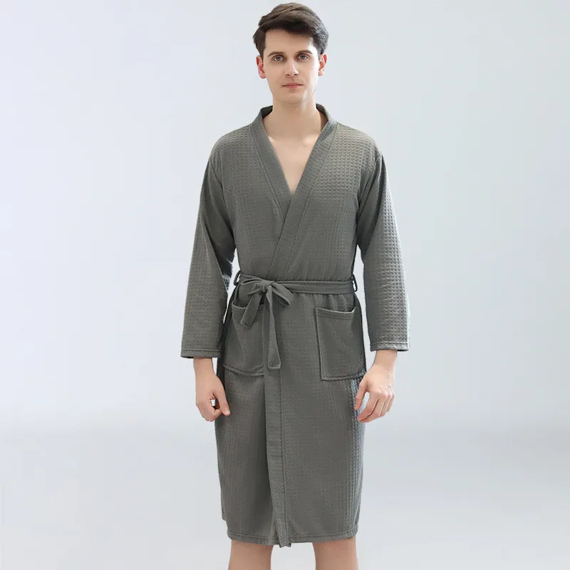

Summer Waffle Men Bathrobe Plus Size Kimono Male Spa Sweat Bath Robe Long Sleeve Pyjamas Sleepwear Solid Homewear Dressing Gown