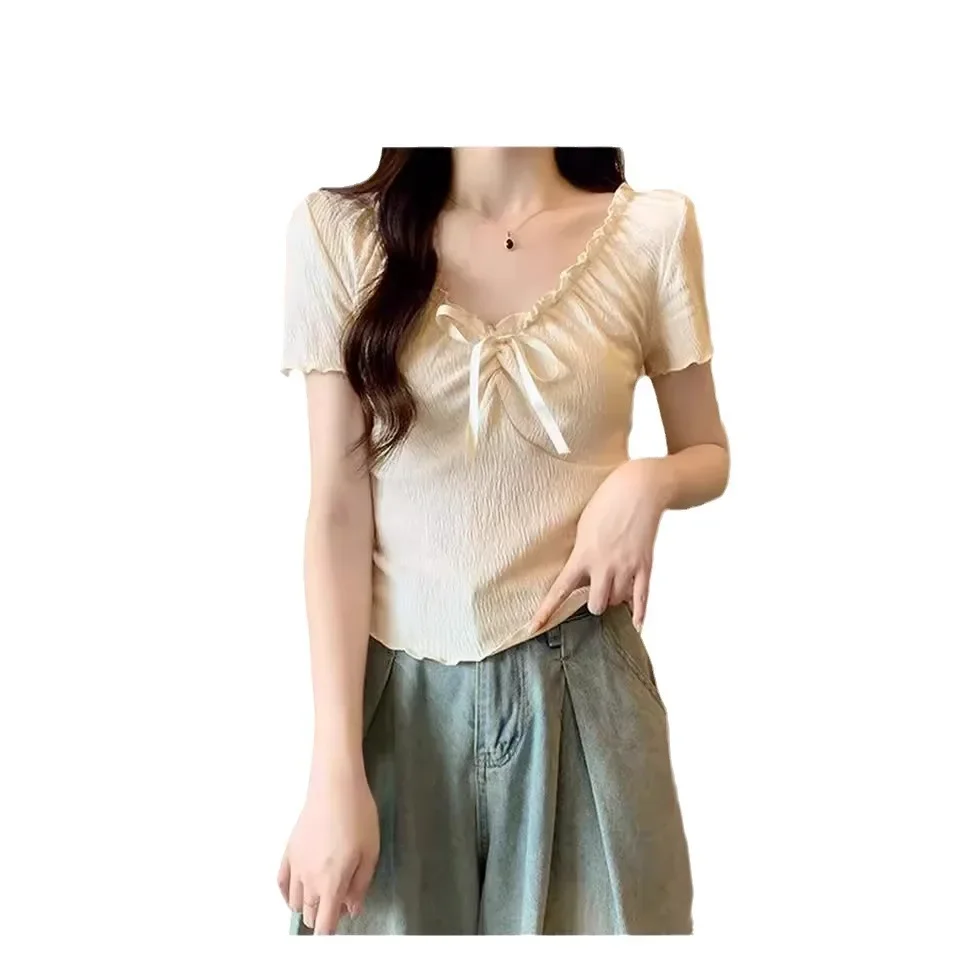 Новая летняя женская укороченная футболка с v-образным вырезом и шнурком