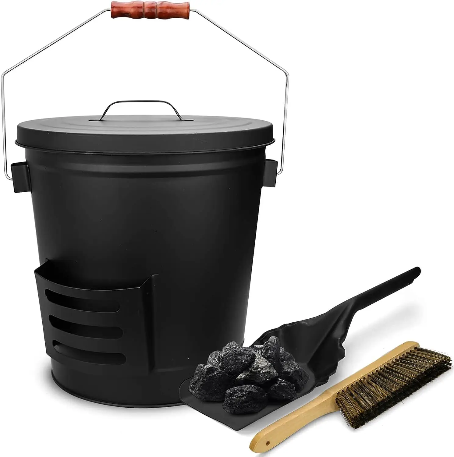 

Bucket with Lid, Shovel and Hand Broom, 5.2 Gallon Coal Bucket for Fireplace, Charcoal Wood Fire Pits, Burning Stoves, Large Pai