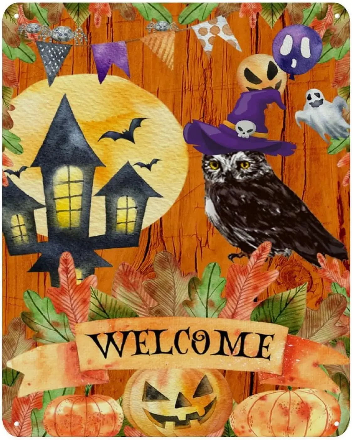 1e Welcome Тыква Ведьма Сова Оловянная вывеска Счастливый Хэллоуин Металлическая