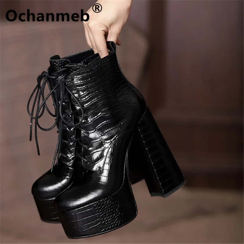 

Ochanmeb Woman Crocodile Print Genuine Leather Boots Women Black Beige Chunky High Heels Platform Goth Ankle Boots Autumn Winter