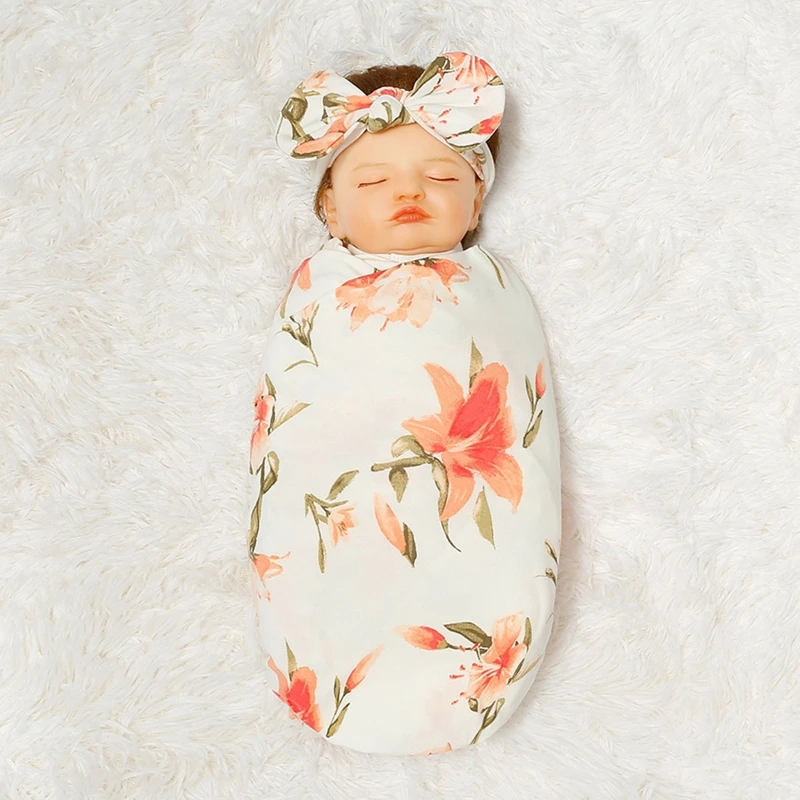 

3 Pcs Newborn Swaddling Wrap Headband Hat Set Baby Receiving Blanket Sleepsack Hair Band Kit for Infants Boys Girls Shower