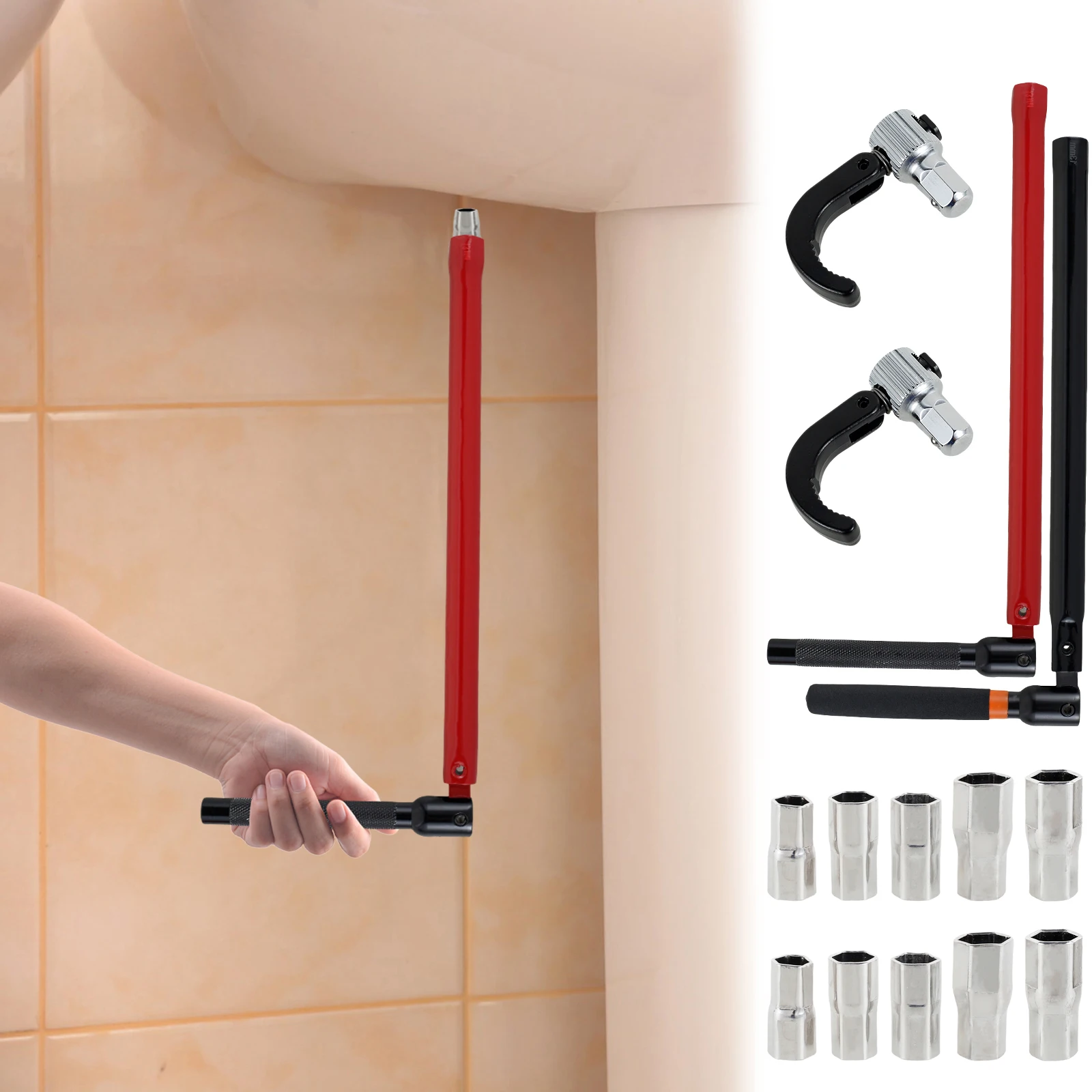 

Faucet Wrench Carbon Steel Plumber Socket Wrench with 5 Sockets and 1 Chuck Durable Tap Back Nut Wrench Sink Wrench Basin Wrench
