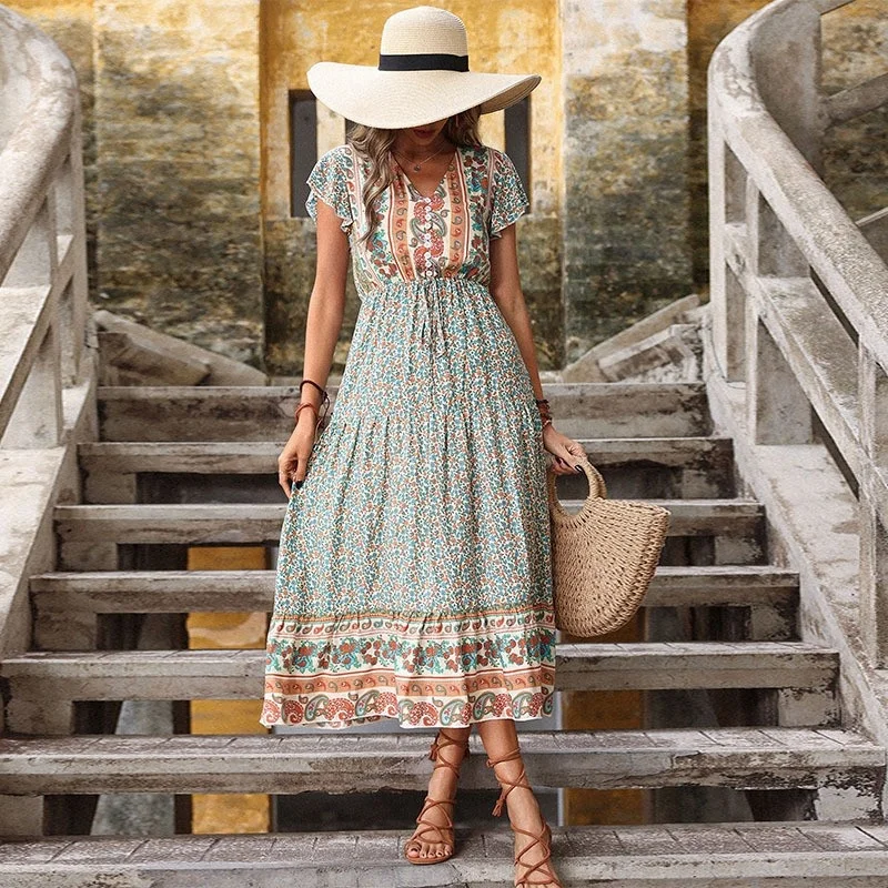

NewV Neck Ruffle Long Dress Summer Bohemian Print Dress Women 2023