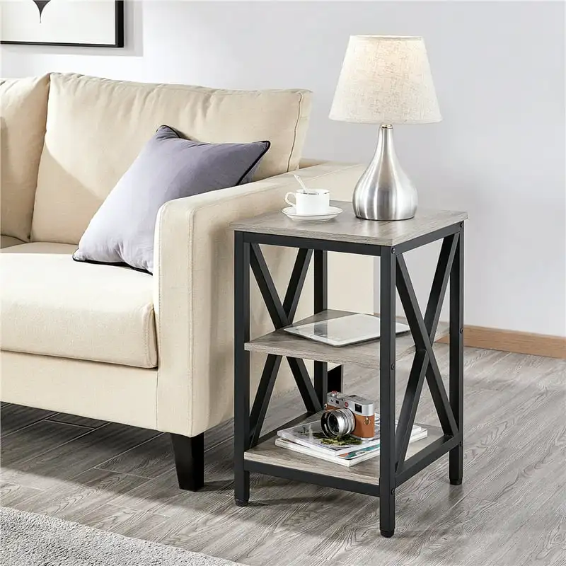 

Industrial 3-Tier Wood and Metal End Table, Rustic Gray