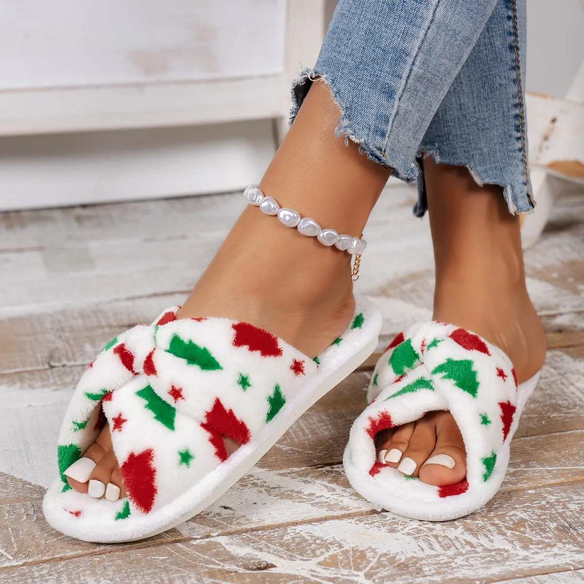 Fashion Cotton Slippers Lady One Word Open Toe Slippers Winter Home Non-slip Warm Cute Indoor Home Floor Fur Christmas Slippers