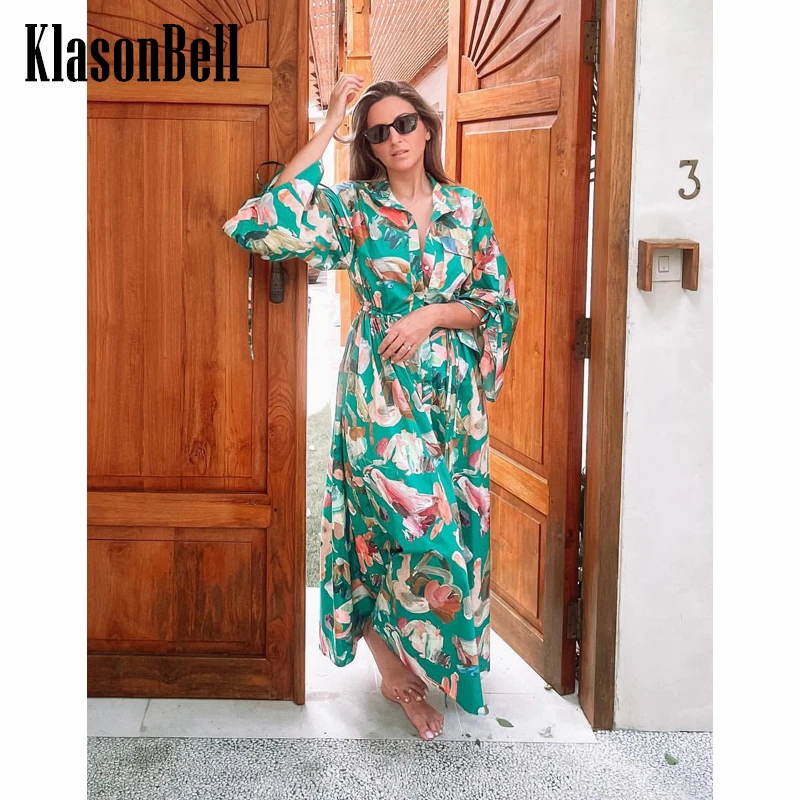 

8.2 KlasonBell Cotton Green Print Drawstring Holiday Midi Dress Women