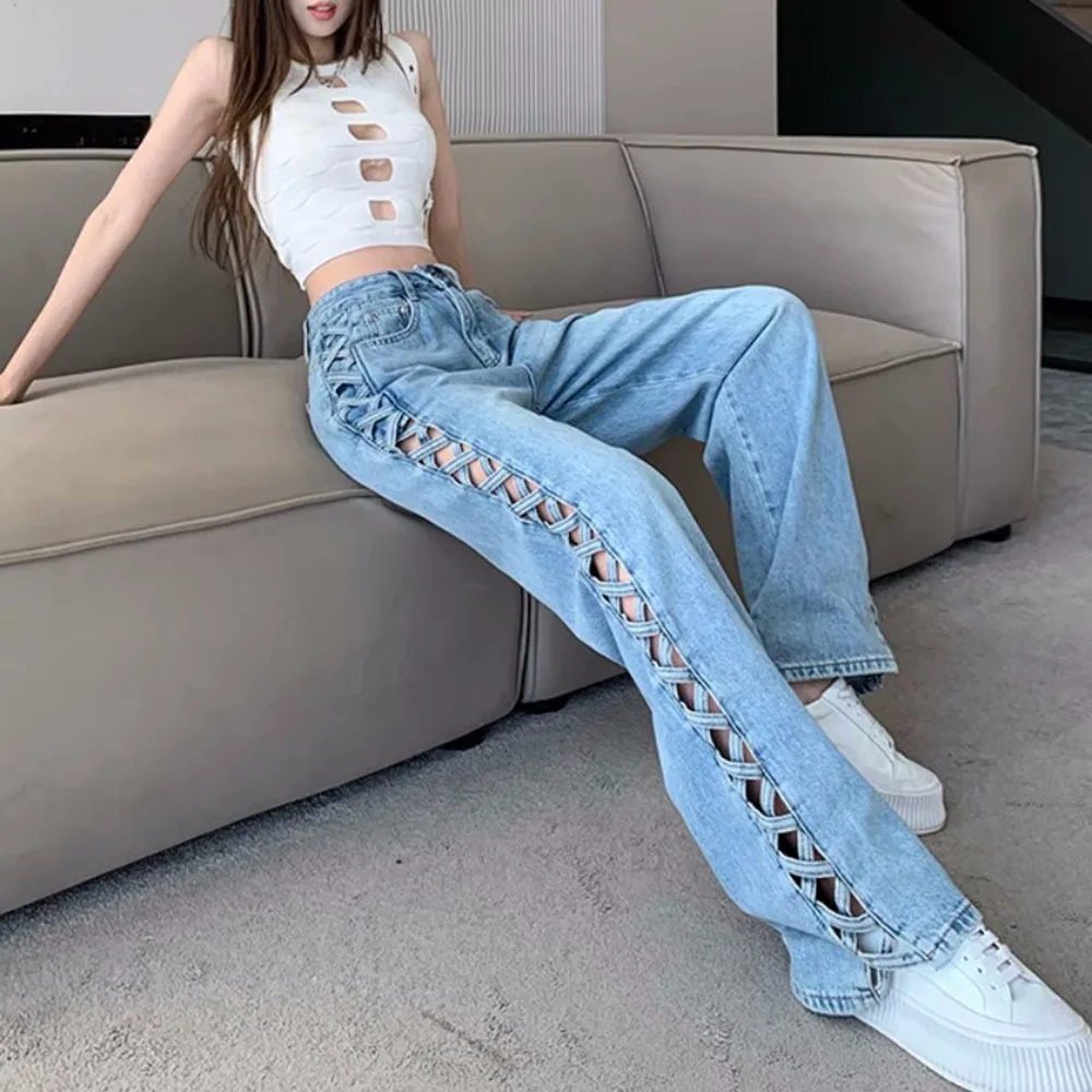 

Женские джинсы с ажурным плетением, модные широкие джинсовые брюки с высокой талией, свободные прямые ковбойские брюки, весна-лето 2023