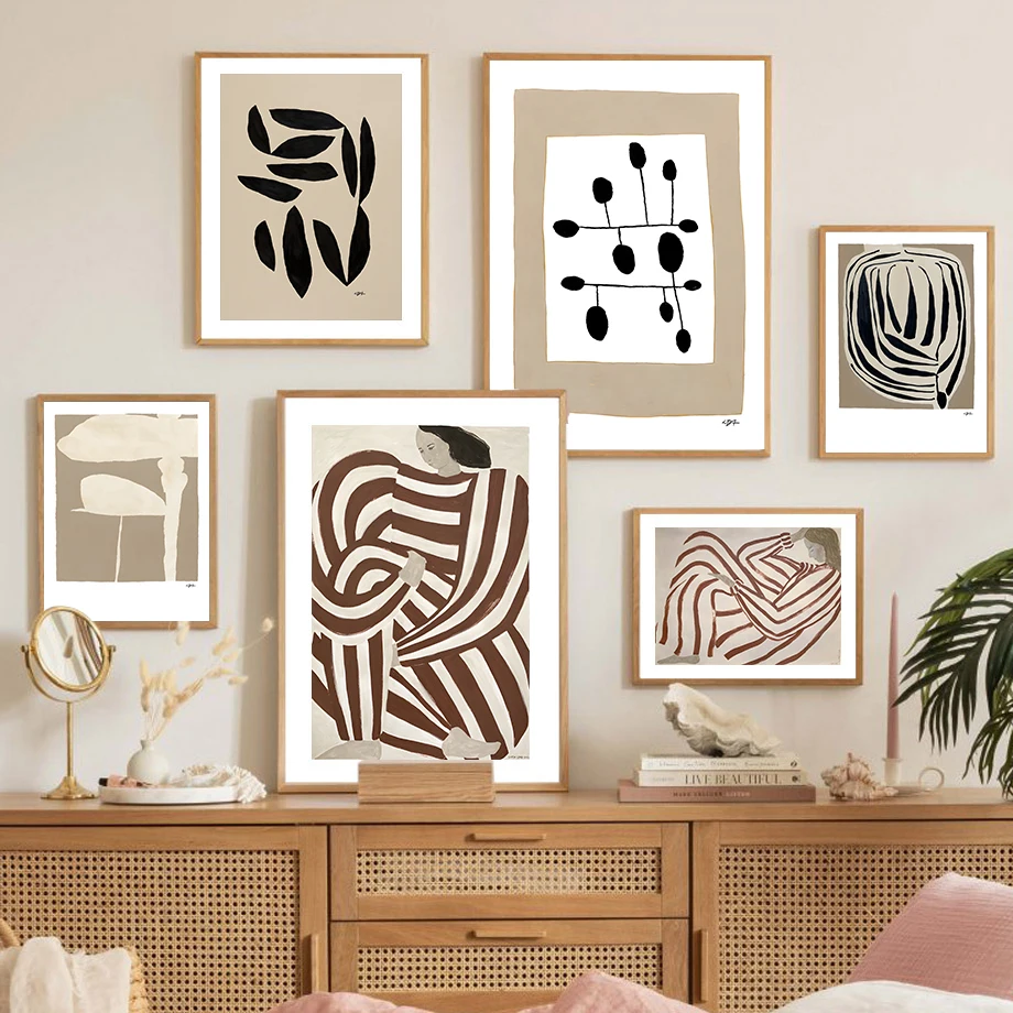 

Abstract Geometric Woman Line Beige Poster Modern Wall Art Print Nordic Canvas Painting Picture for Living Room Decor for Gift