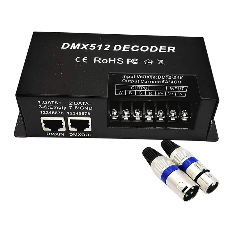 

4-канальный декодер DMX, регулятор яркости RGBW PWM DMX512, контроллер освещения светодиодной ленты RGBW, вход 12-24 В постоянного тока
