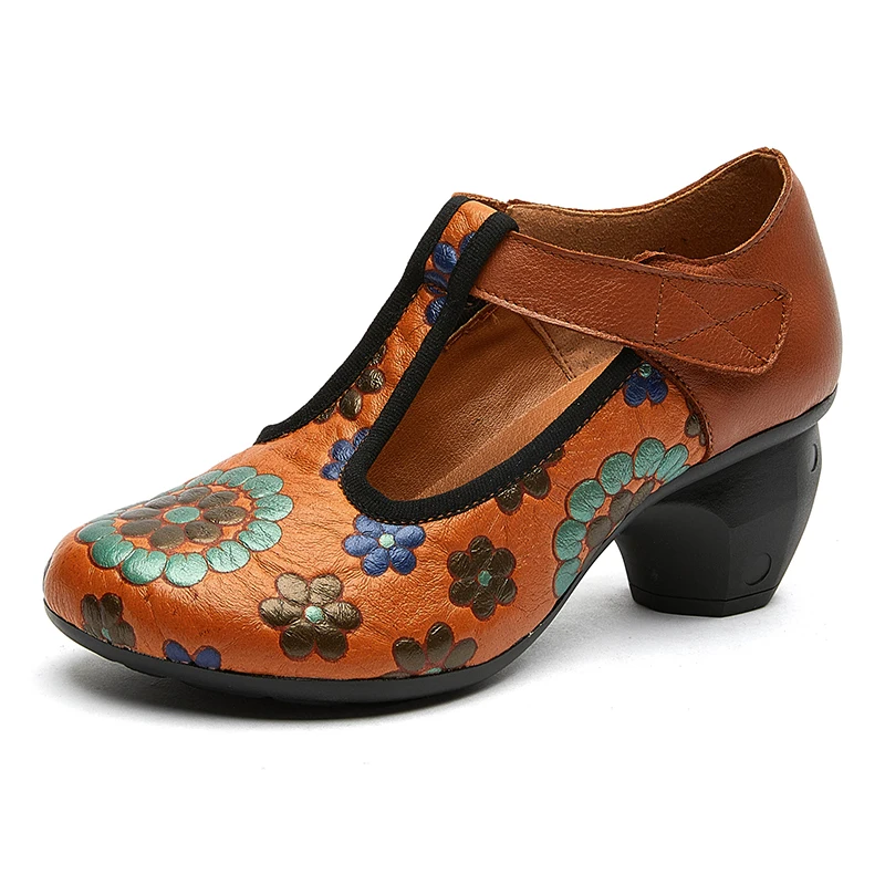 

Retro Pumps Women Shoes Genuine Leather 2022 New Autumn High Heels Hook & Loop Round Toe Sewing Handmade Ladies Shoes