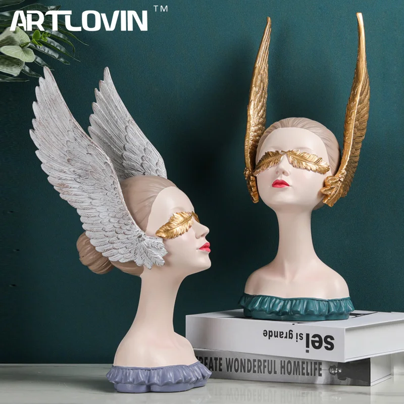 

Modern Large Angel Girl Statue With Wings Feather Cover Eyes Dreaming Woman Sculptures Creative Home Decoration Ornaments Gifts