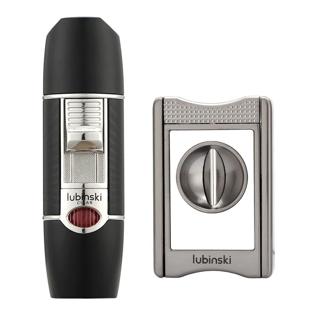 

LUBINSKI Cigar Clipper Lighter Set Cigar Drill Punch Knife Puro Lighter Gas Torch Charuto Cutter With Case Protect