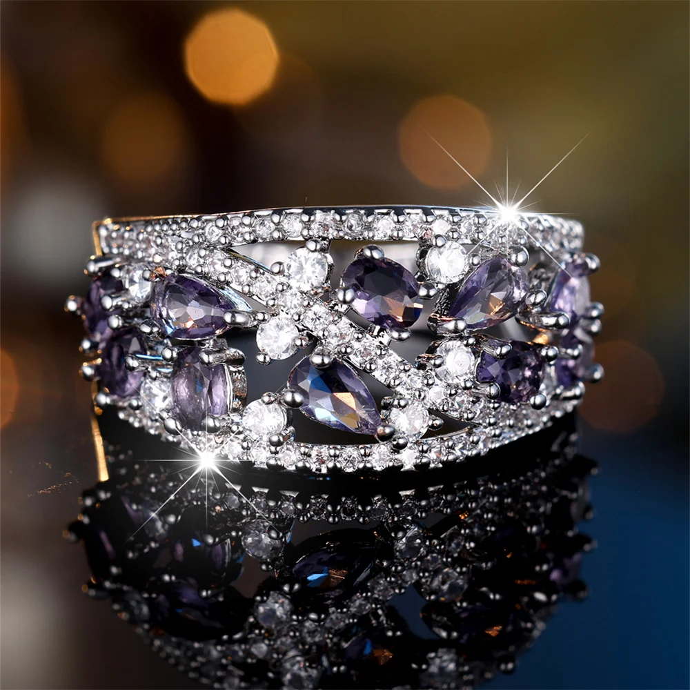 Винтажные Обручальные Кольца Серебристого Цвета С Фиолетовым Кристаллом В Форме