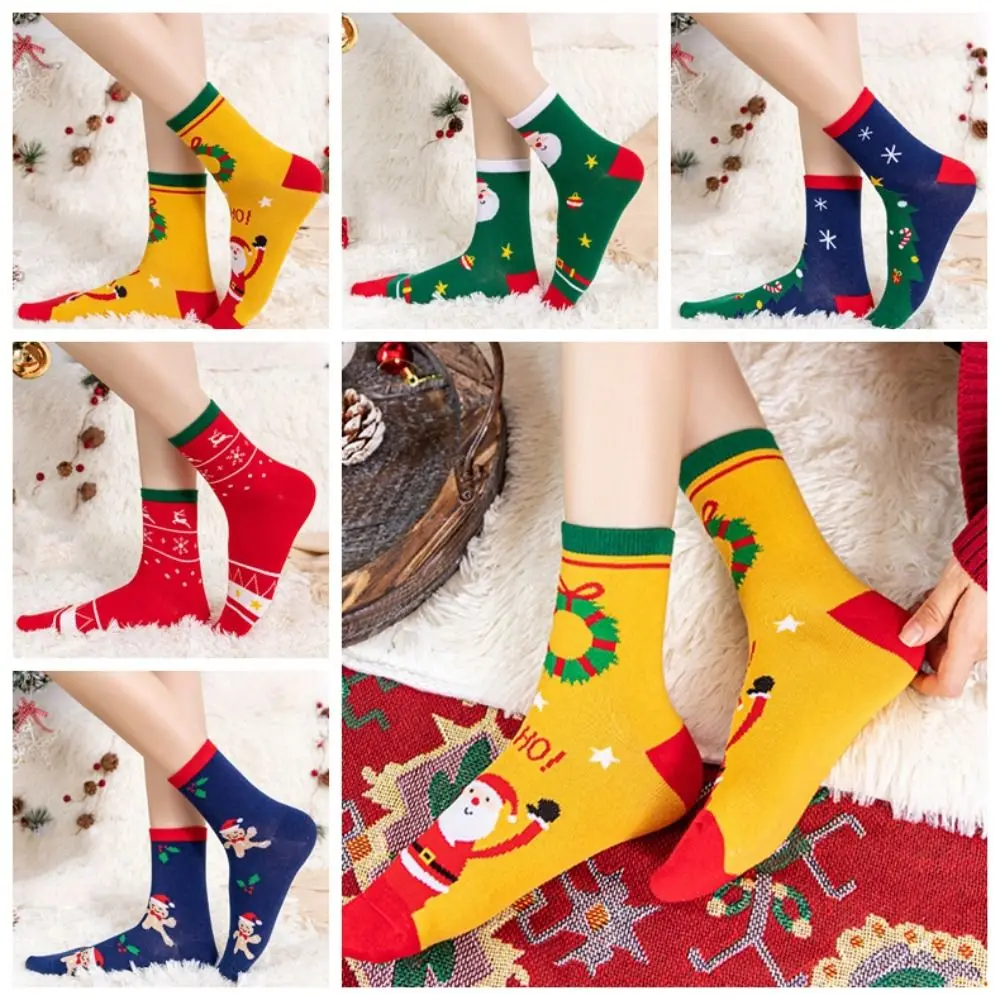 

Носки рождественские с изображением лося, смешные хлопковые носки с изображением снега, Санта-Клауса, носки средней длины, утепленные носки с изображением рождественской елки на новый год