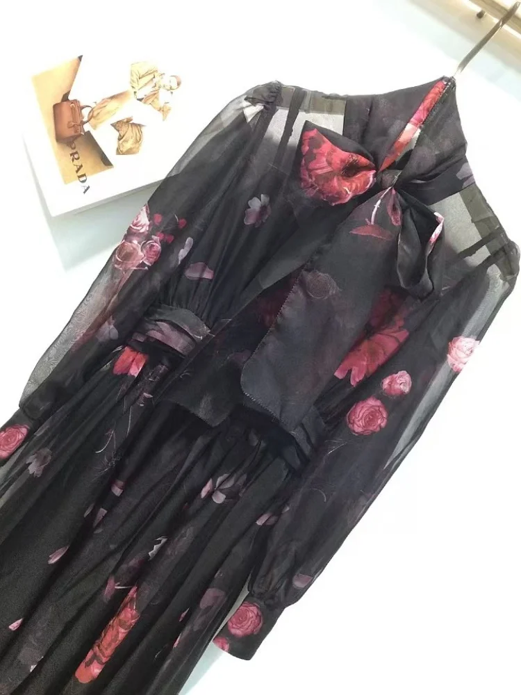 Платье с шарфом и воротником длинным рукавом высокой талией трехмерное