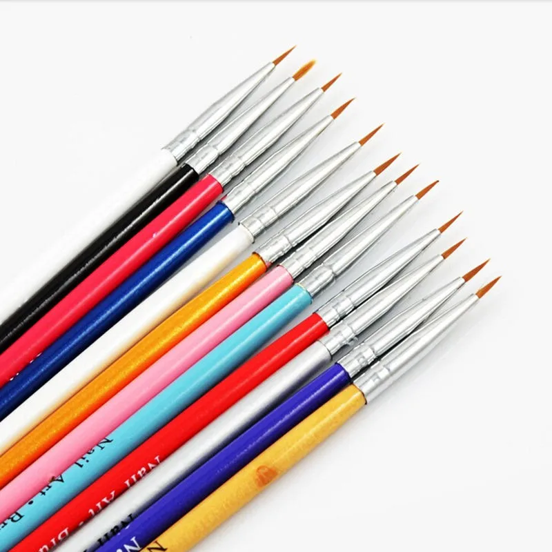 12Pcs Colorful Wood Handle Nail Art Brush Set Tiny Acrylic Pen Tips Liner Painting Drawing Sable Dotting Manicure Tools