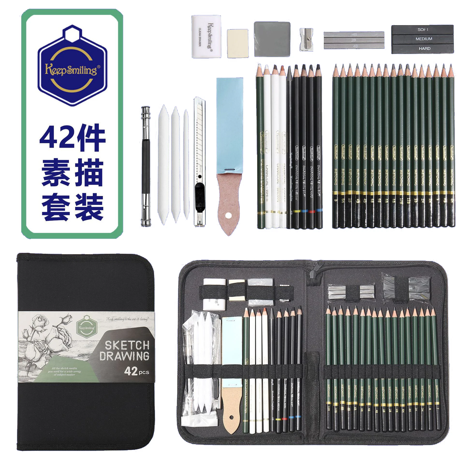 Carry Case Art Supplies Drawing Kit Graphite Charcoal Stick 