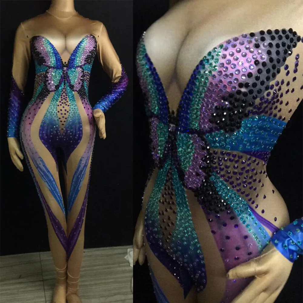 

Большие кристаллы, красочное Женское боди для ночного клуба, танцев на шесте, сценическое боди, женская одежда для певицы