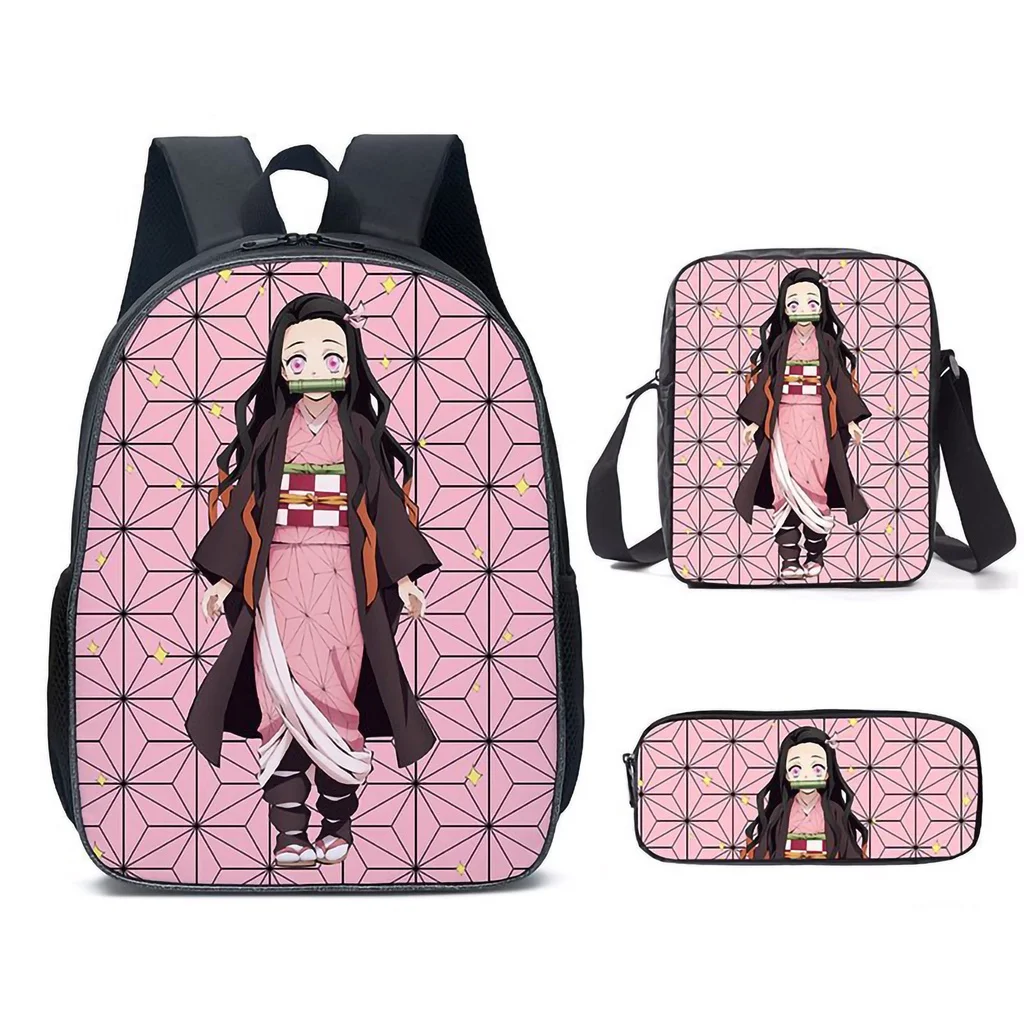 3 Piece Children Anime Backpacks Demon Slayer Nezuko Tanjirou Girls Boys Primary School Student Shoulder Bags New Kids Pen Bag