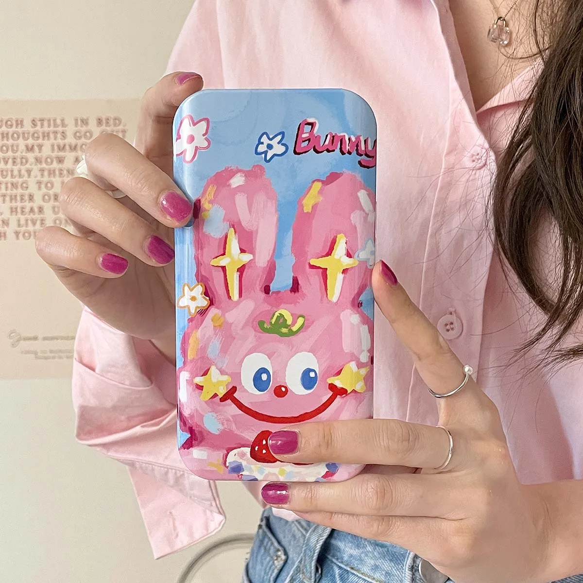 2023 New Cute Oil Painting Rabbit Dual Layer Back Covers For iPhone 14 13 12 11 Pro Max With Hide Mirror Slide Camera Phone Case
