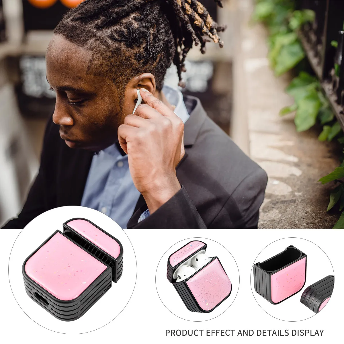 Фото Чехол для беспроводных наушников, совместимый с AirPods Pro 1 2, розовый, черный, жесткий защитный чехол из поликарбоната, ударопрочный, с блестками, беспроводной. №2