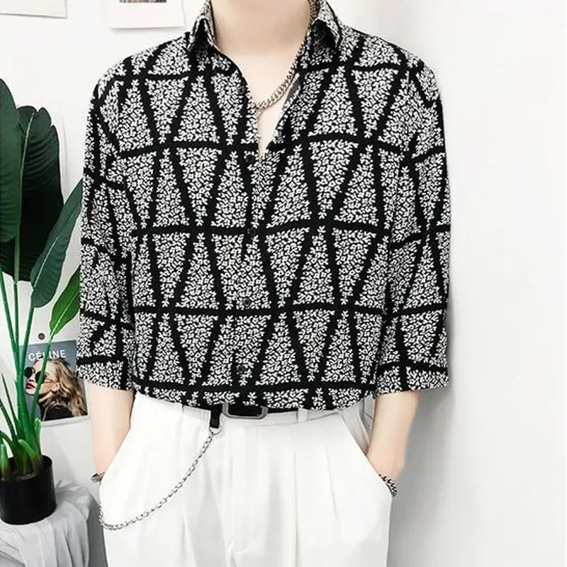 

Korean Loose Casual Argyle Printed Shirts Men's Clothing 3/4 Sleeve Spring Summer Stylish Single-breasted Polo-Neck Shirts 2023