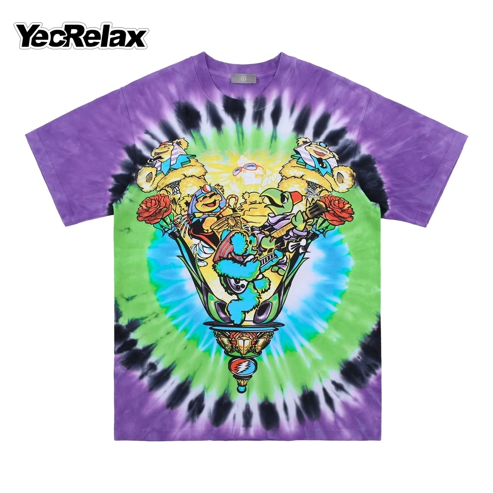 

Street Fashion Washed Distressed Tie Dye Cartoon Spoof Bear Print Spring Summer 2022 Men's Retro Oversized Casual Top T Shirt