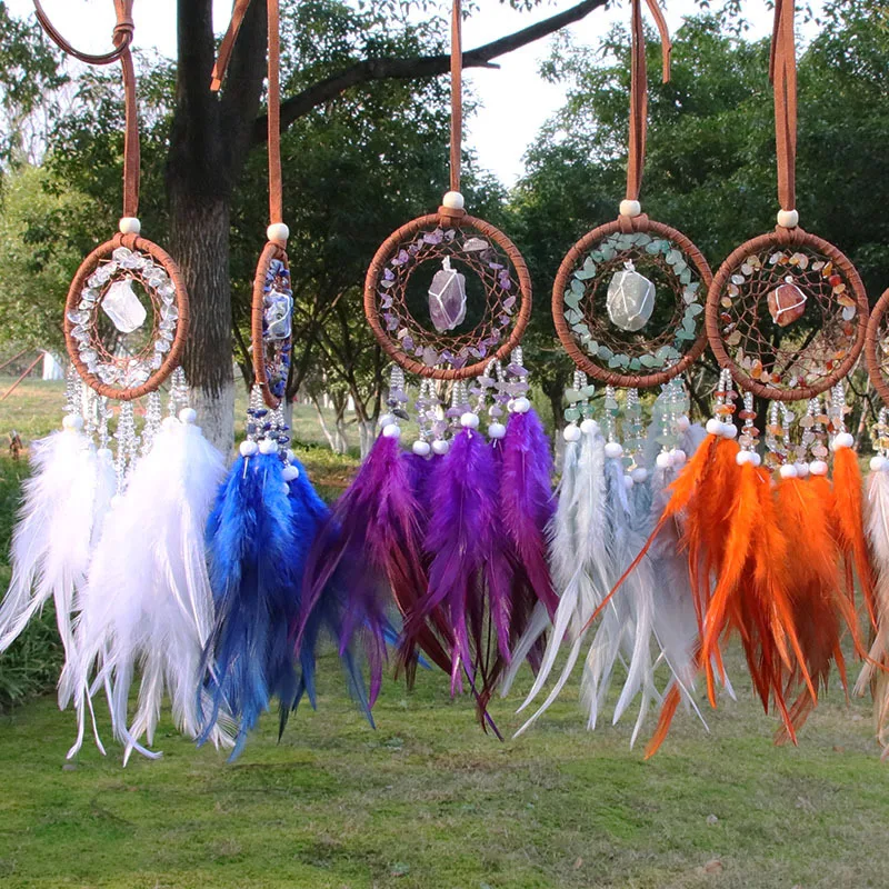 

2pcs Chip raw Crystal Stone Exquisite Car Interior Decoration Pendant Feather Dream Catcher View Mirror Car Hanging Accessories
