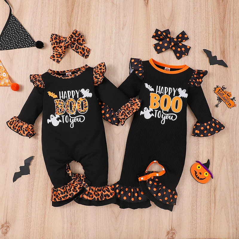 

0-12 Months Full Sleeve Baby Girl's Romper Set, Round Neck Flare Long Sleeve Letter Printed Ribbed Jumpsuit + Headband