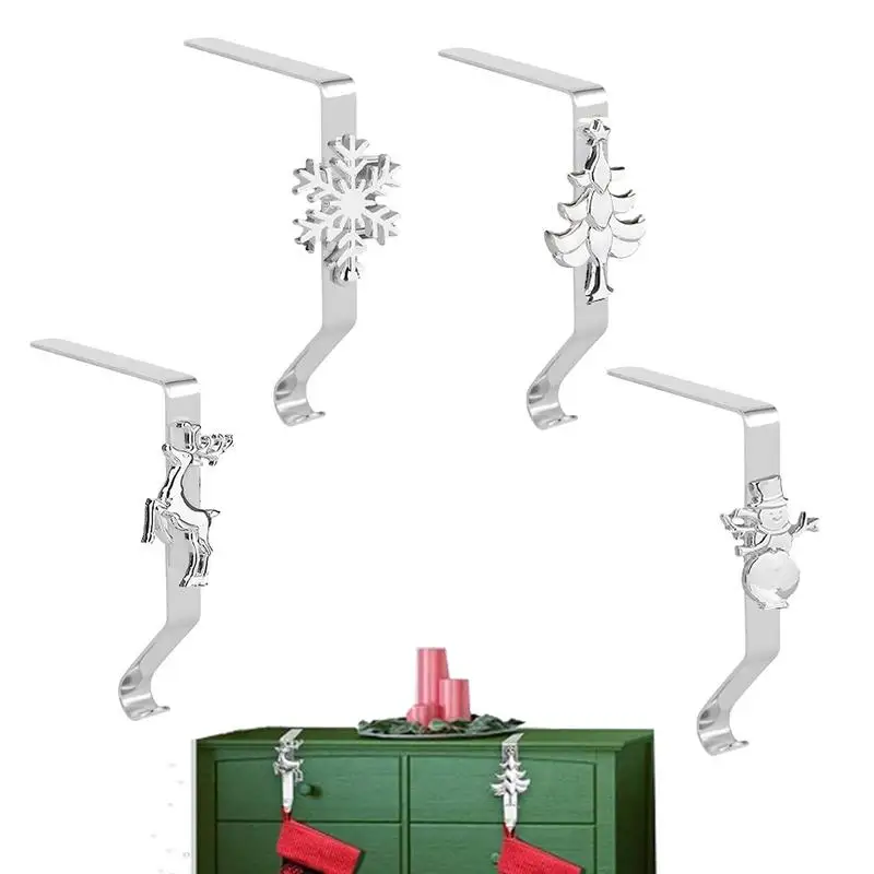 

Christmas Hooks For Stocking 4Pcs Christmas Stocking Hangers For Mantel Fireplace Metal Stocking Hangers With Santa Snowman Elk