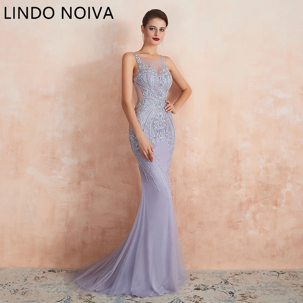 

Luxury Beaded Crystal Evening Dresses 2023 Sexy Sheer Neck Lavender Mermaid Formal Prom Gowns for Women Sleeveless