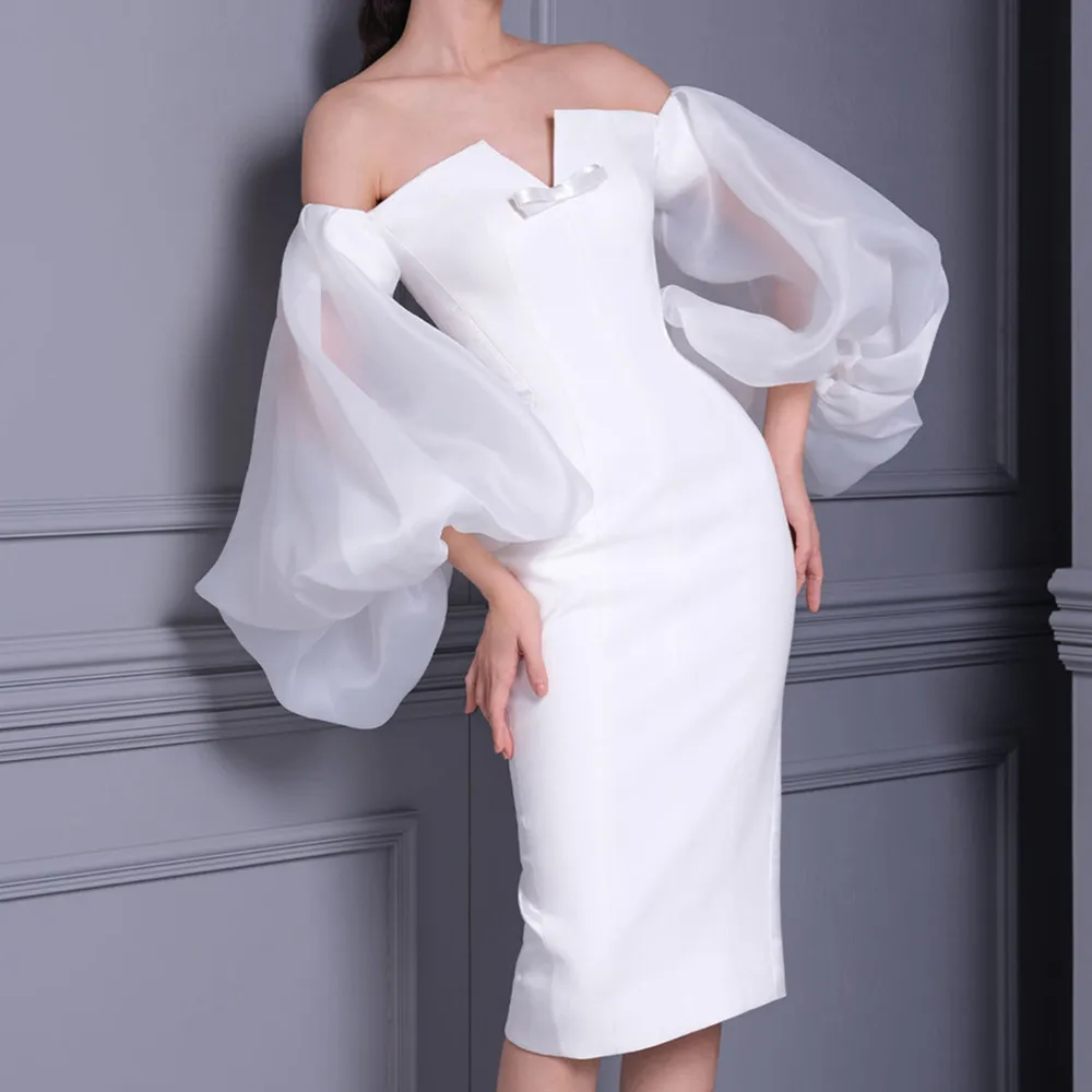 2022 New Summer Women Sexy Luxury Off Shoulder Puff Sleeve Slit White Bodycon Bandage Dress Elegant Evening Club Party Dresses