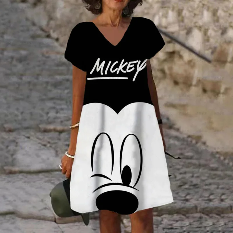 

Disney V Neck Women's Shirts for Summer Dress 2023 New Hit Korean Style Dress Women Elegant Luxury Mickey Casual Dresses Skirt