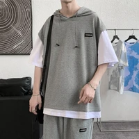 summer leisure suit thin style fake two short sleeve t shirts mens fashion brand loose port style ins handsome matching